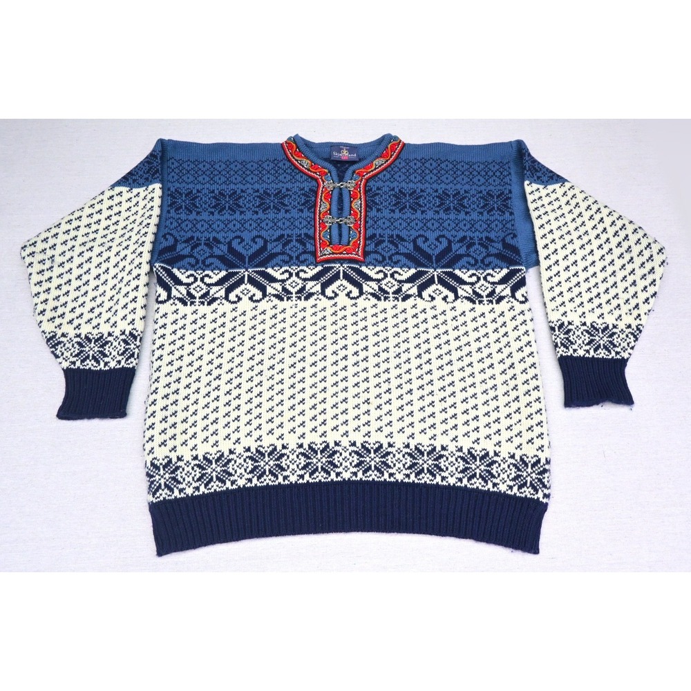 Vintage 90s Skjaeveland 100% Wool Norwegian Sweater Navy Cream Snowflake Clasps